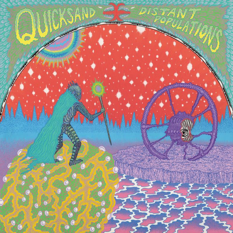 Surreal album art showing a cloaked figure holding a staff before a large wheel.