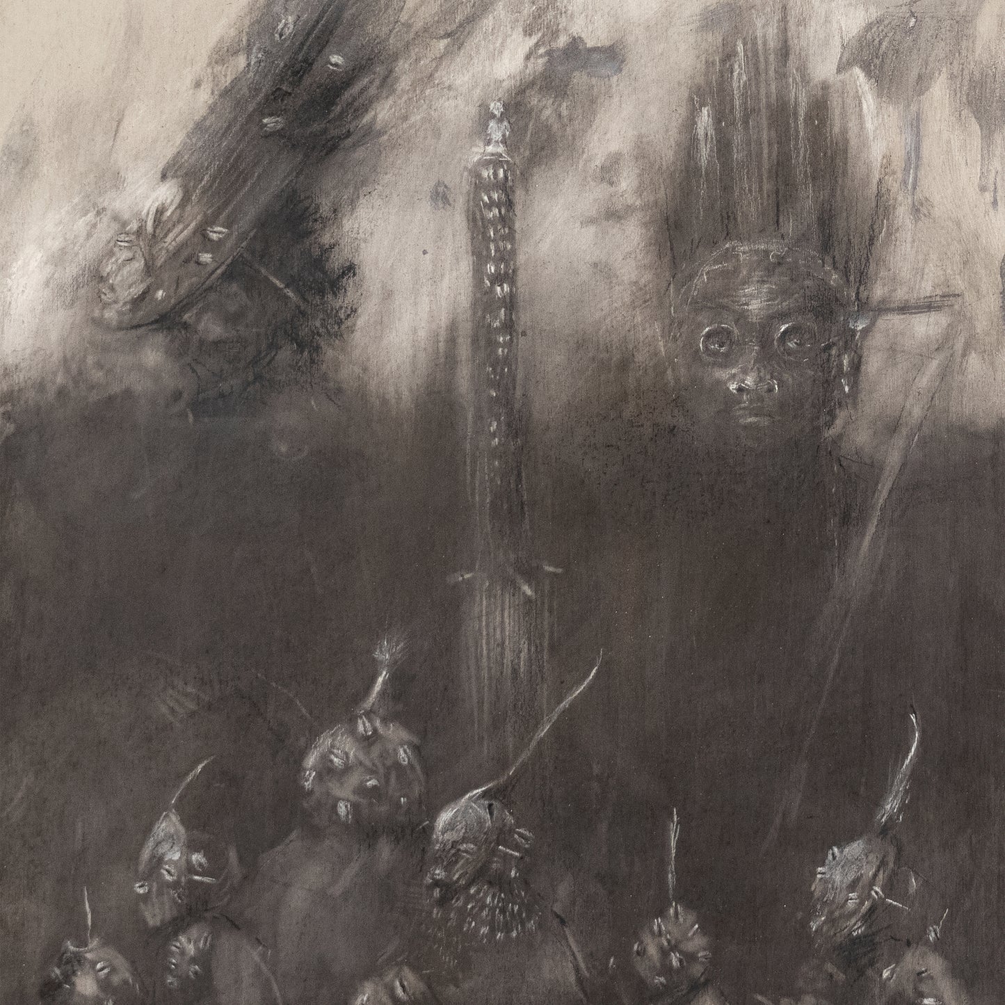 Charcoal drawing of a face with figures and abstract shapes.