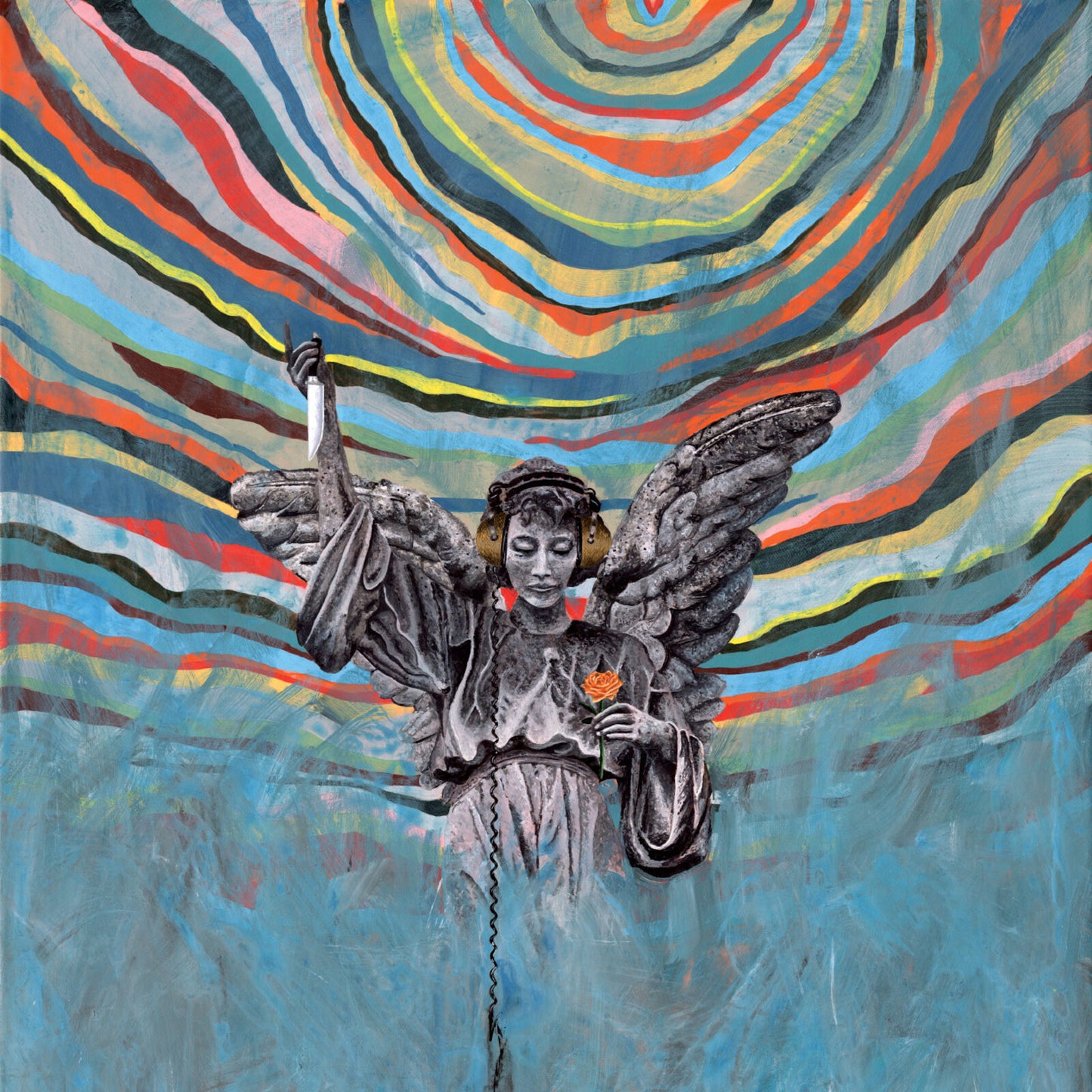 Album cover with angel statue against swirling, colorful, abstract background.