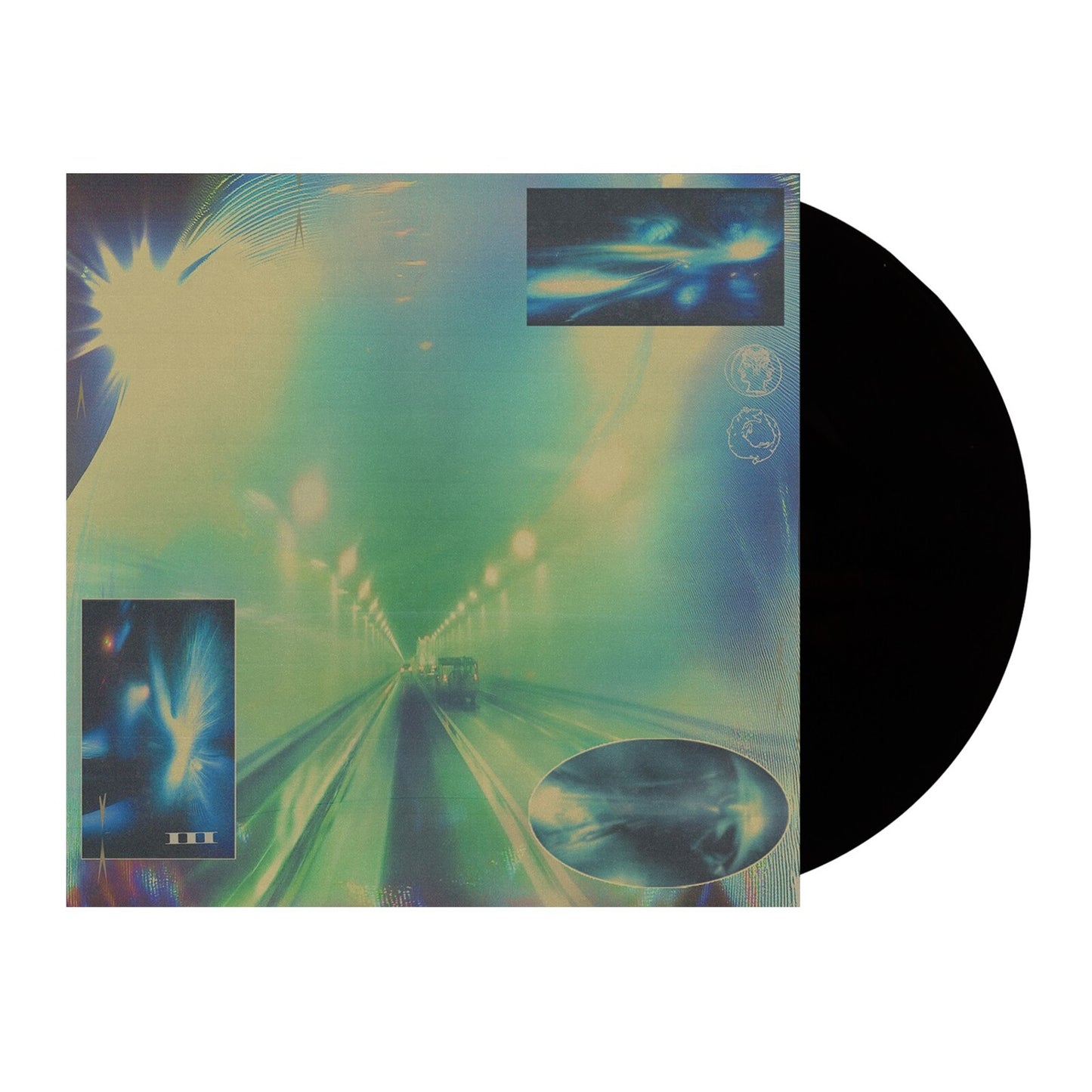 Vinyl record with blurred, colorful highway and face album art.