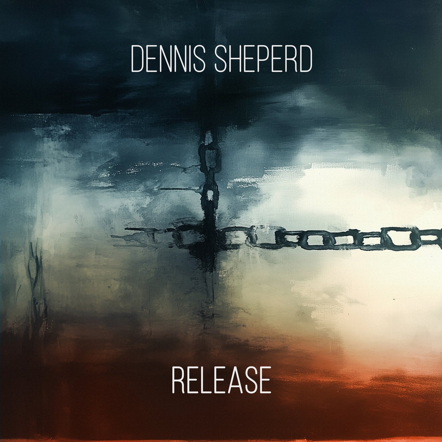 Dennis Sheperd “Release” CD cover: abstract blue and orange brushstrokes, chain.
