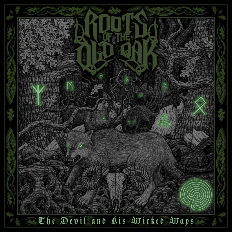 Album cover featuring a wolf, ram skull, and glowing green runes in a forest.