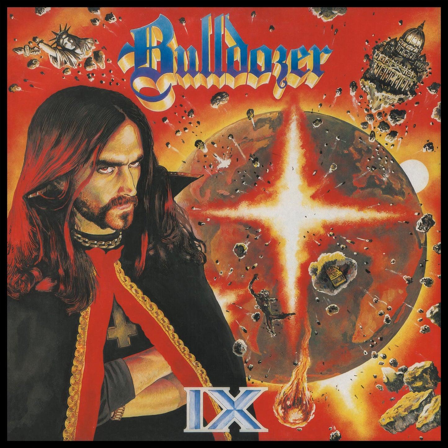 Bulldozer - Ix CD cover: man, planet destruction, and Roman numerals.
