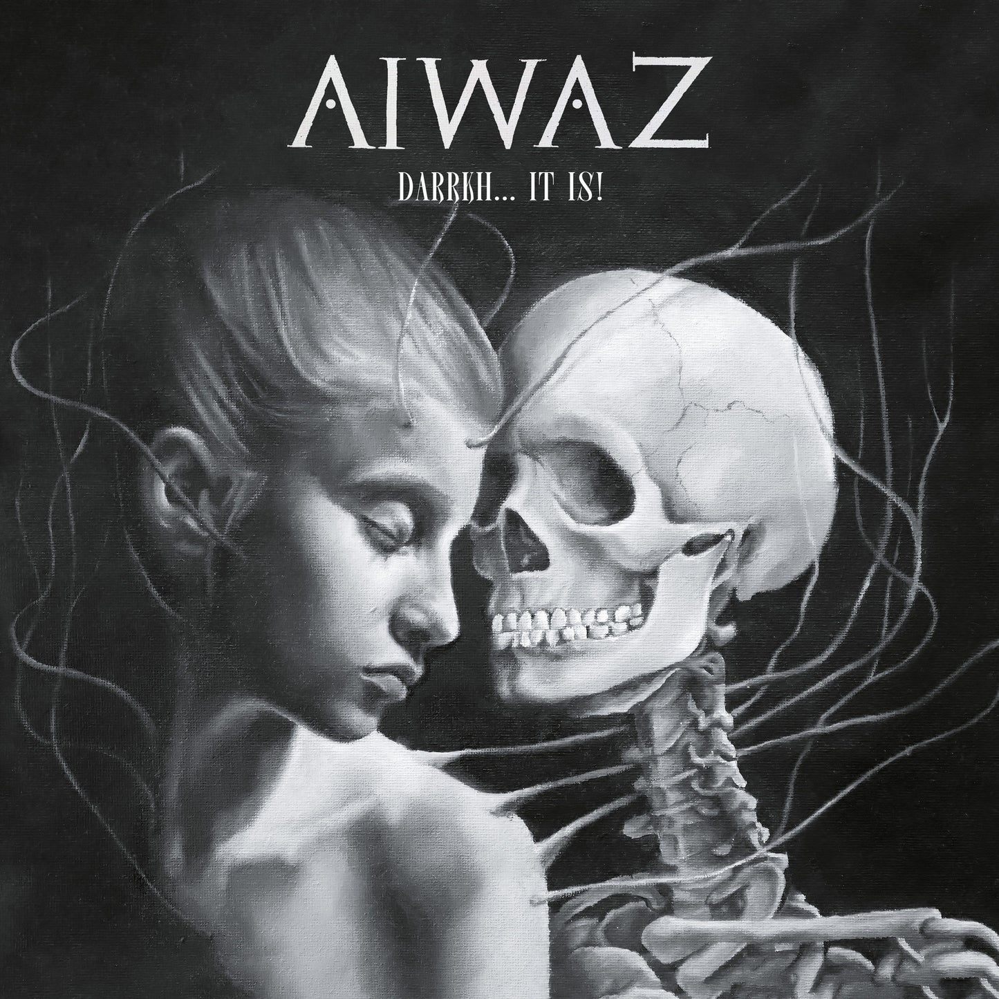 Black and white album cover featuring a girl embracing a skeleton.
