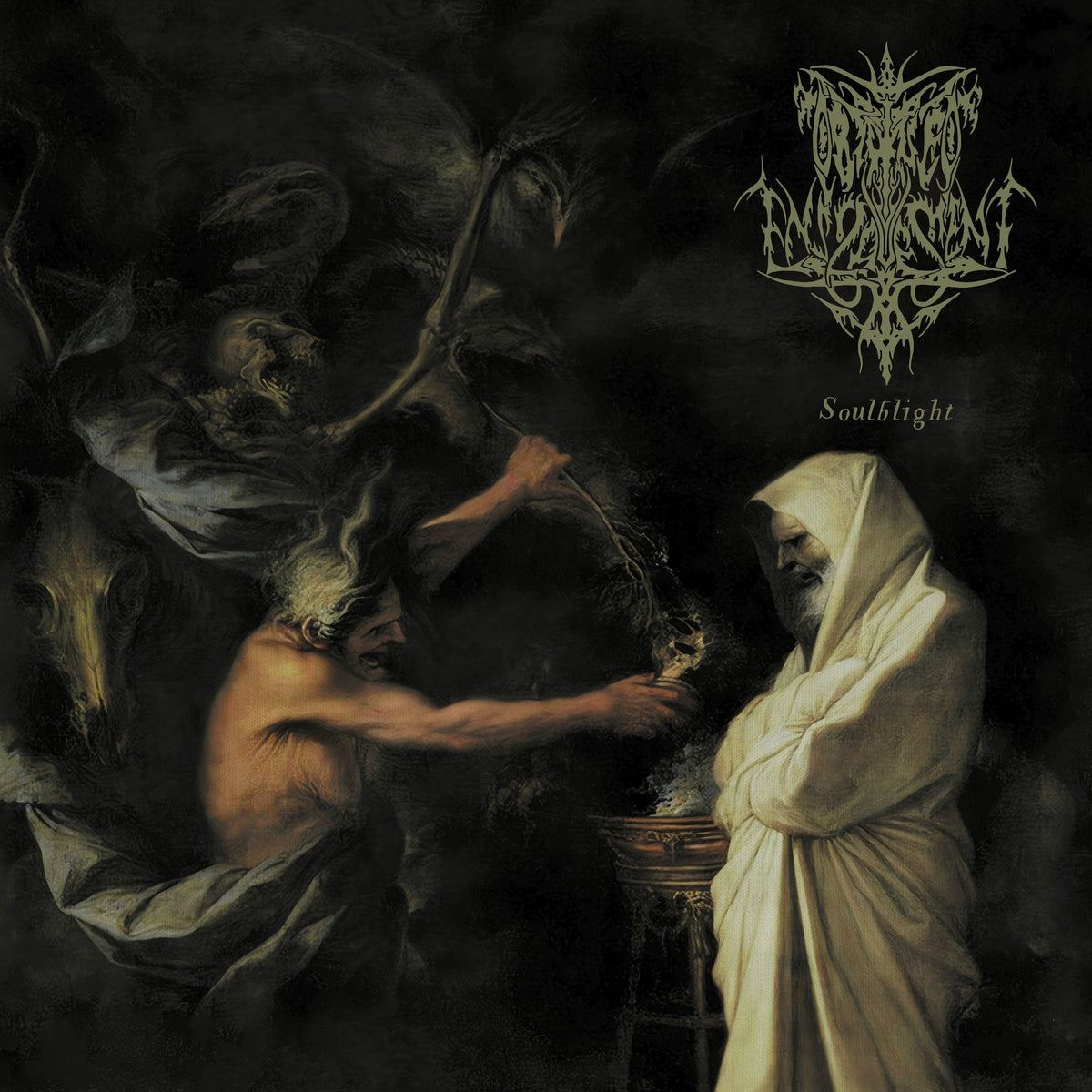Dark painting of figures in robes, with band logo and title text.