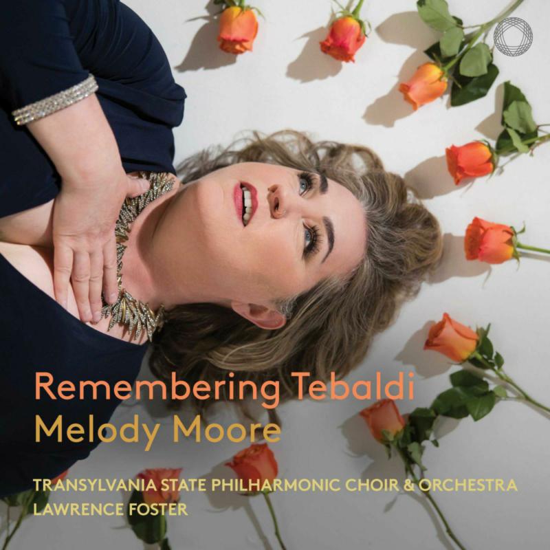 CD cover: woman with roses, text "Remembering Tebaldi" and "Melody Moore".