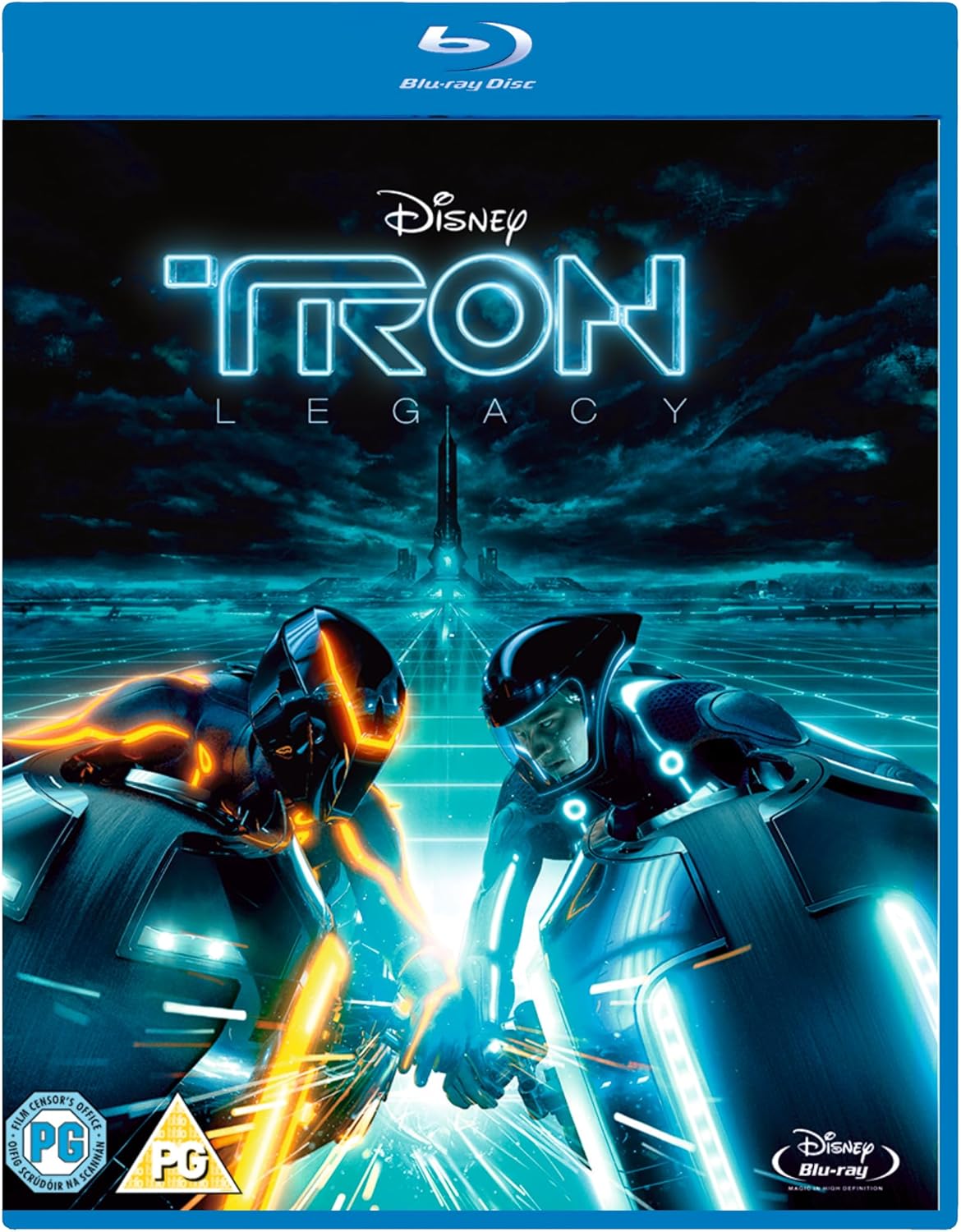 Blu-ray cover for "Tron Legacy" featuring figures on light cycles in a digital world.