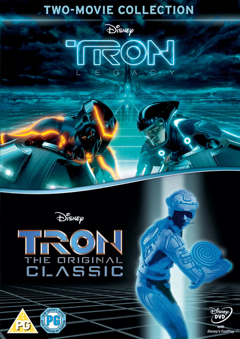 DVD cover for “Tron/Tron Legacy” featuring characters in digital landscapes.