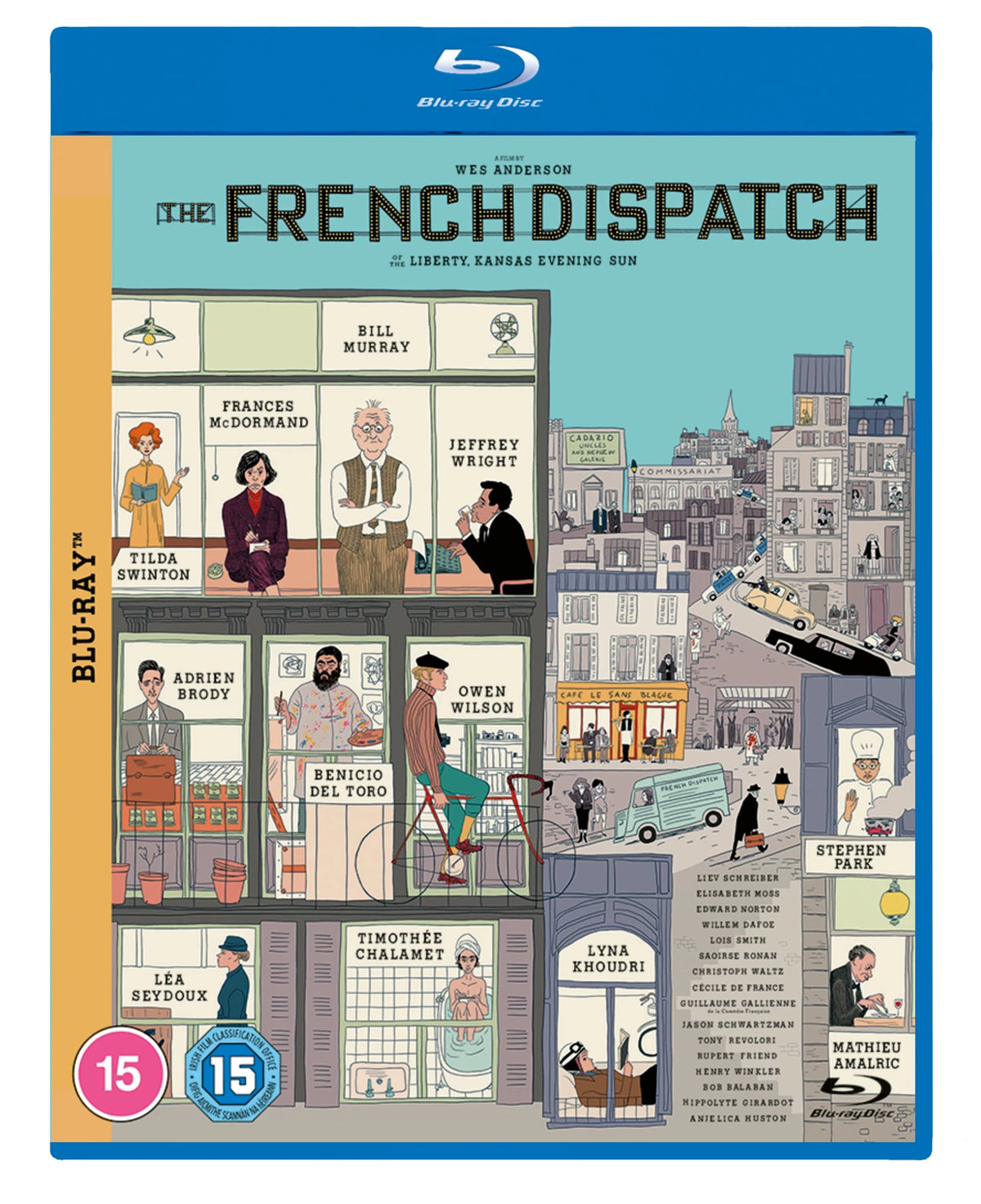 The French Dispatch" Blu-ray cover featuring illustrated character portraits.