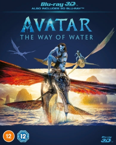 Avatar: The Way of Water Blu-ray cover with Na'vi riding a creature.
