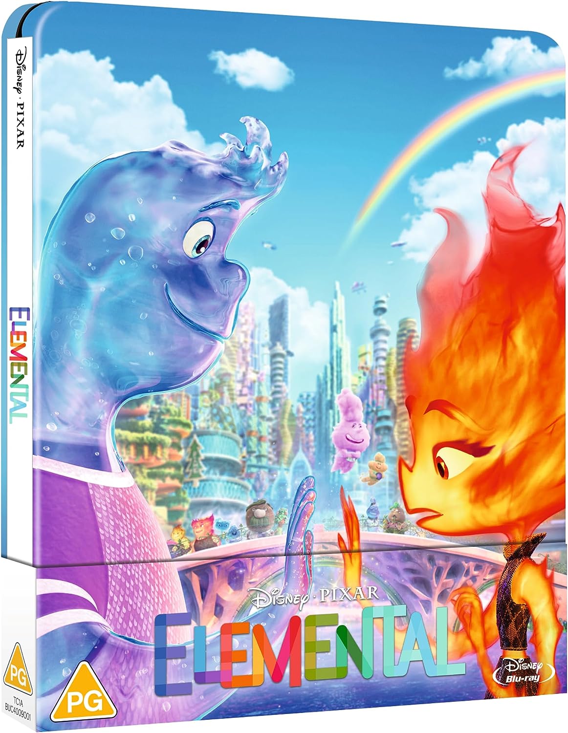 Elemental Blu-ray Steelbook cover featuring water and fire characters.