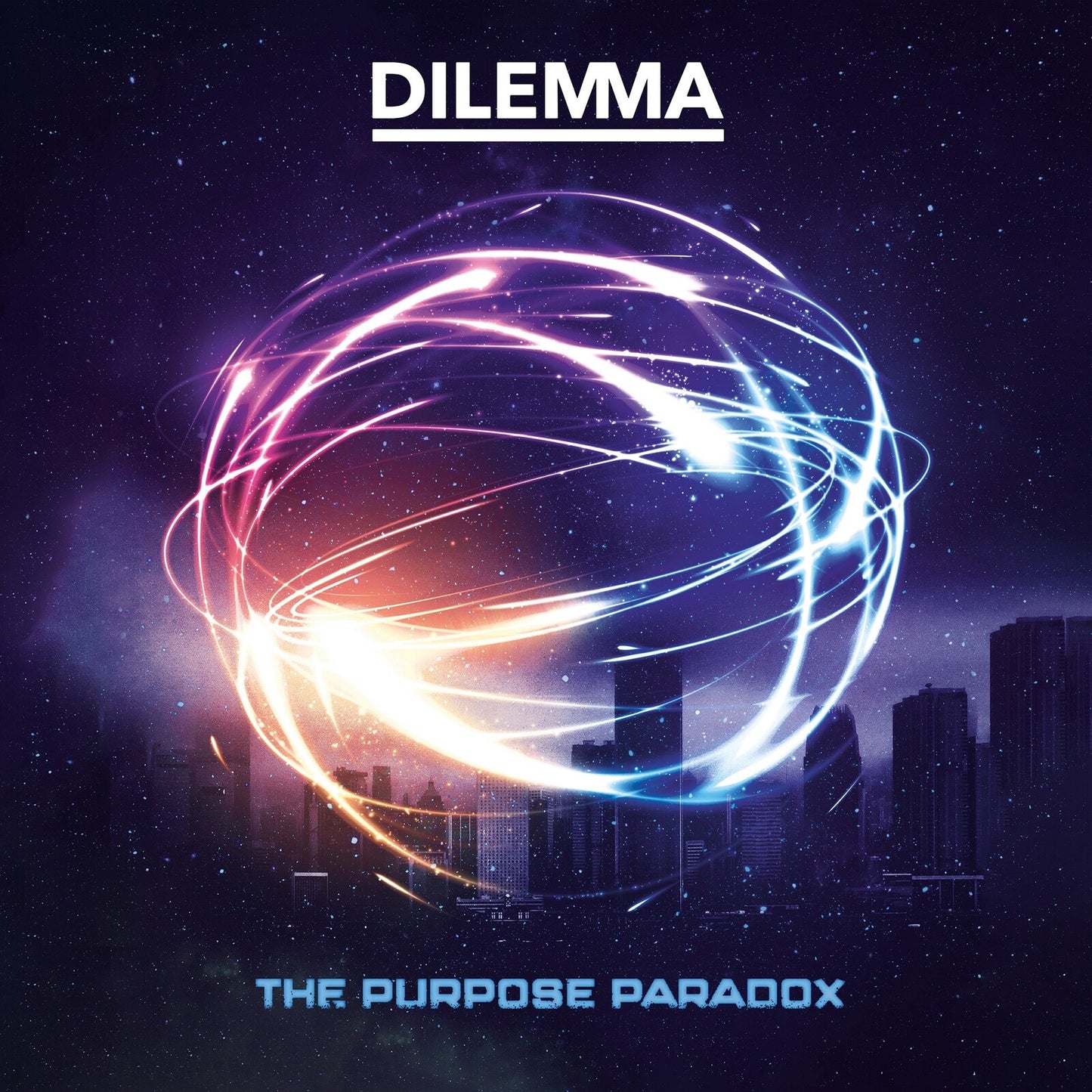 Vinyl record cover with glowing orb over a city skyline.