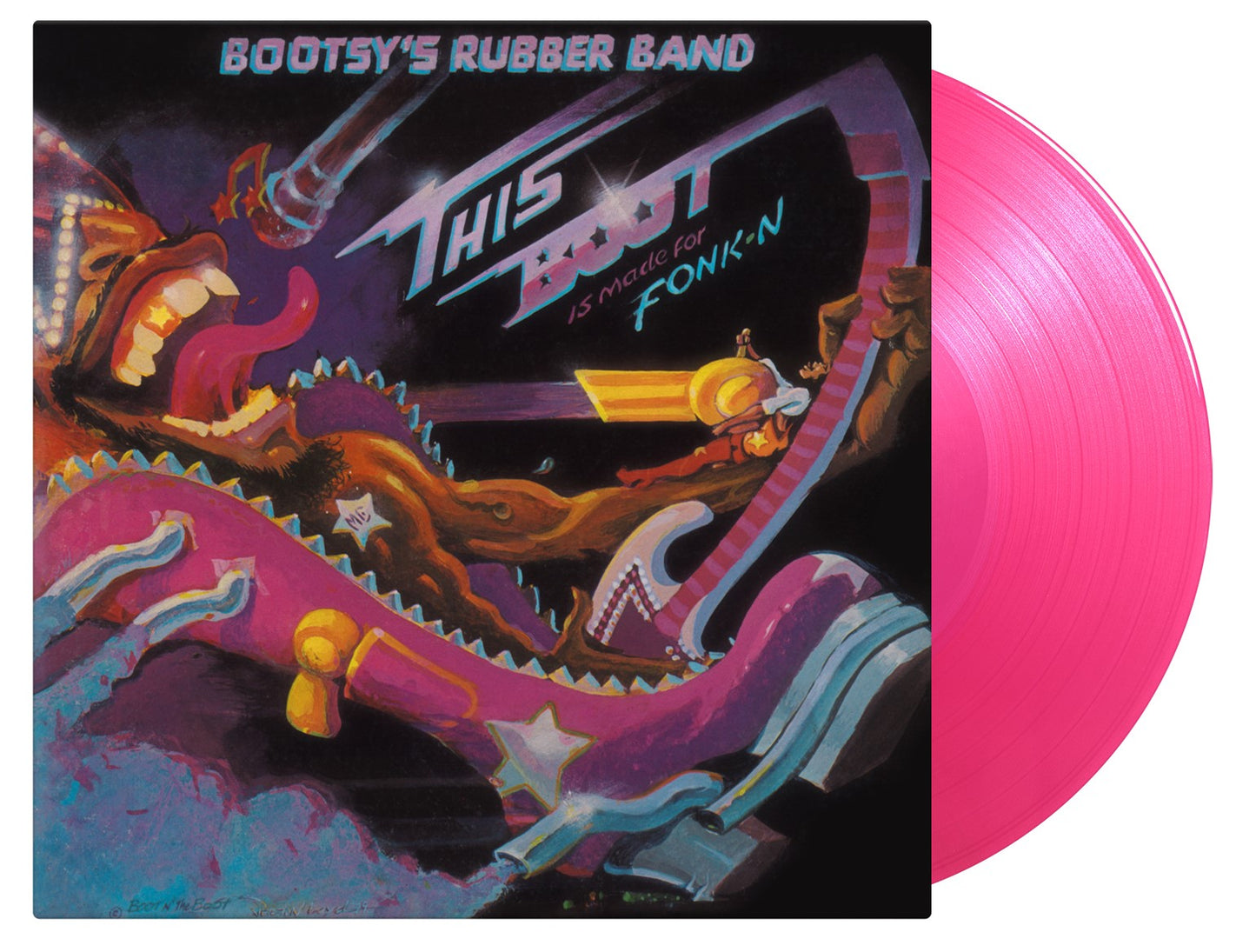 Vinyl record cover featuring a colorful, cartoonish illustration of Bootsy Collins.