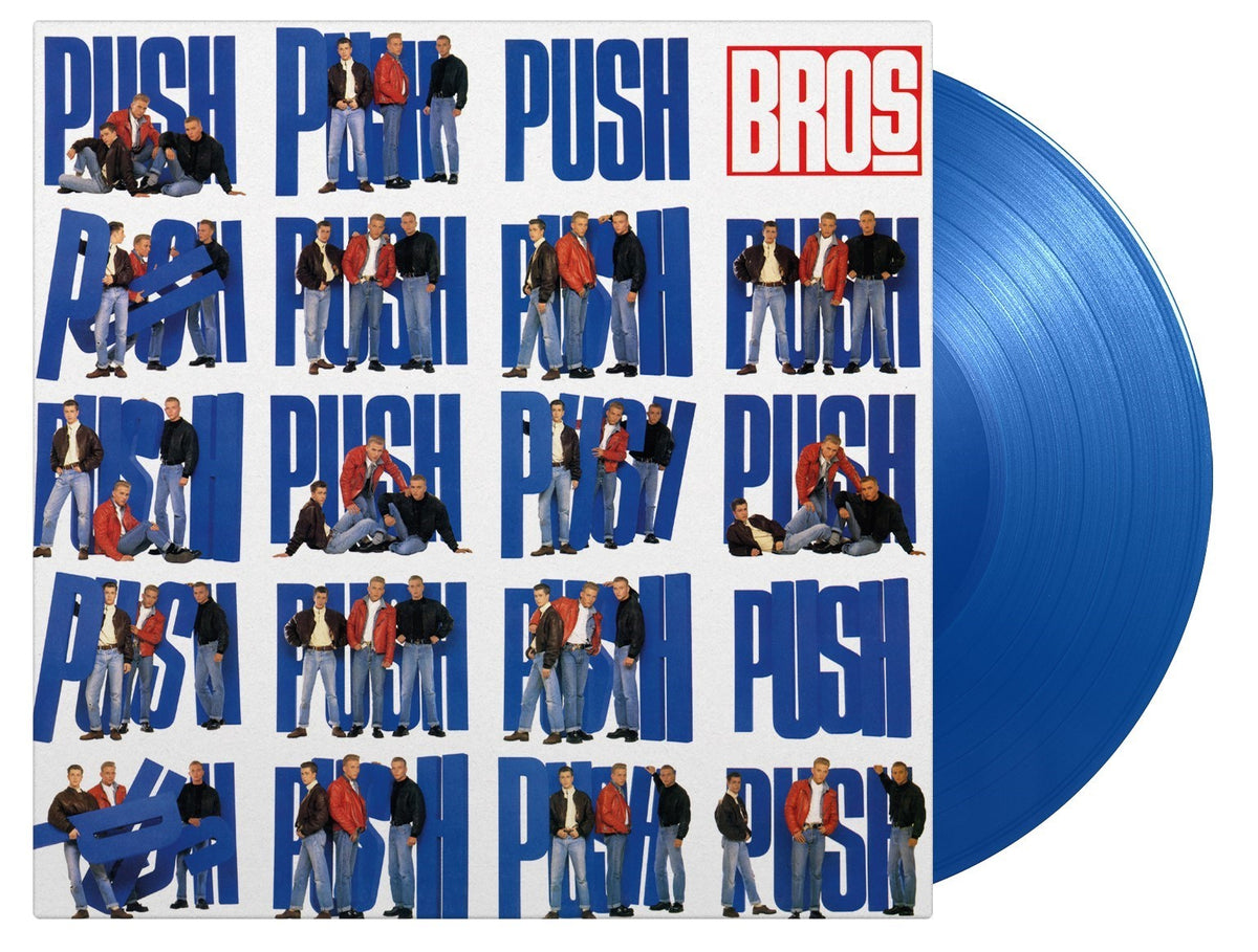 “Push” album cover with repeating band photos and a blue vinyl record.