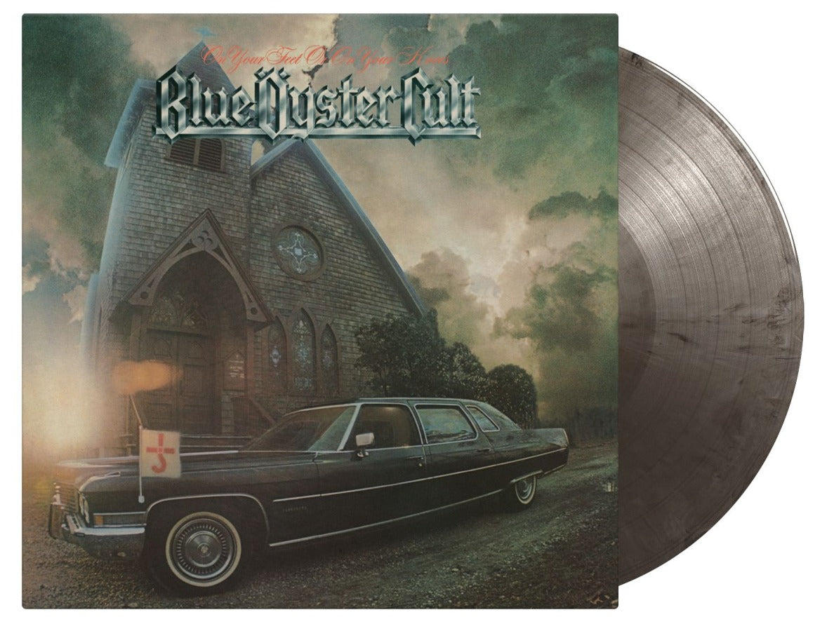 Blue Oyster Cult vinyl record cover showing a dark car parked before a church.