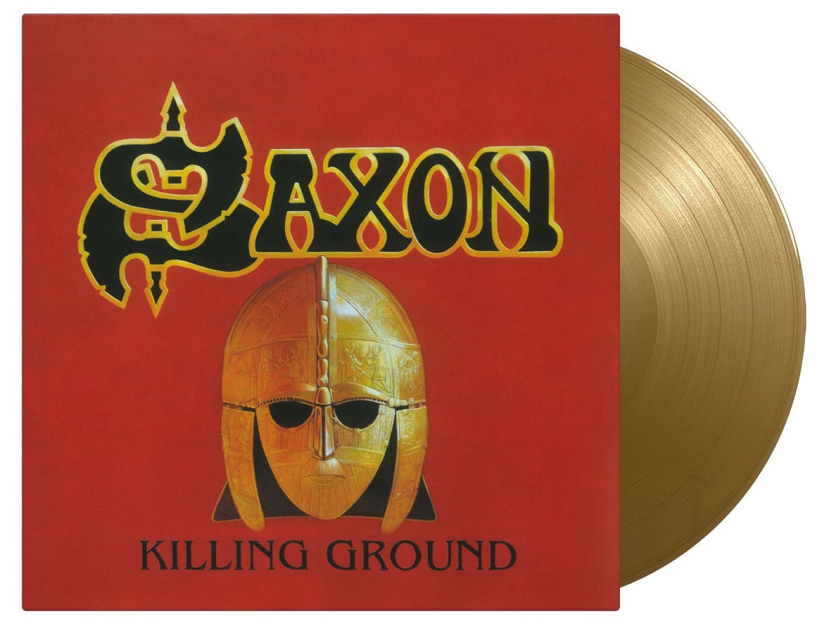 Saxon "Killing Ground" vinyl record with gold-colored disc and helmet cover.