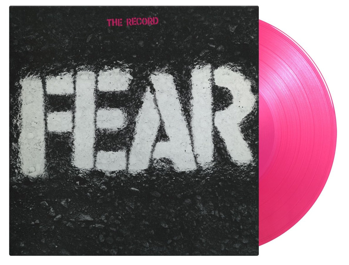 Pink vinyl record with black cover displaying the word "FEAR" in white.