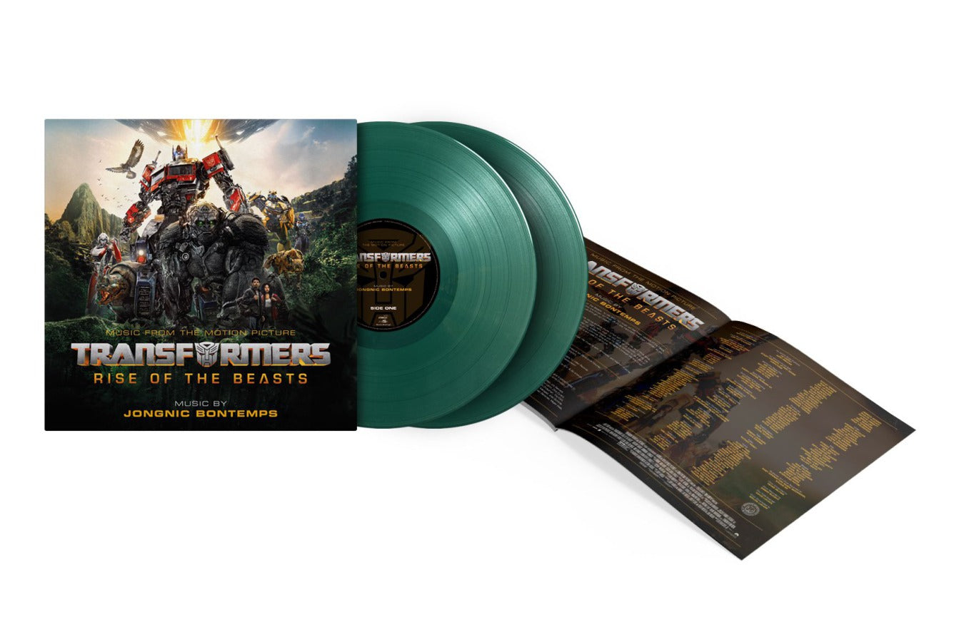 Transformers: Rise of the Beasts" vinyl record with green disc and cover art.