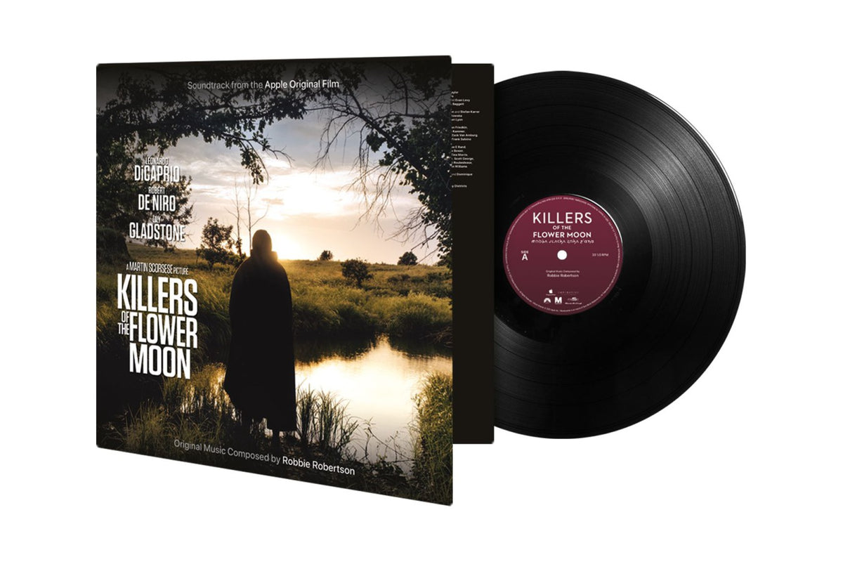Killers of the Flower Moon" vinyl record with film artwork and black disc.