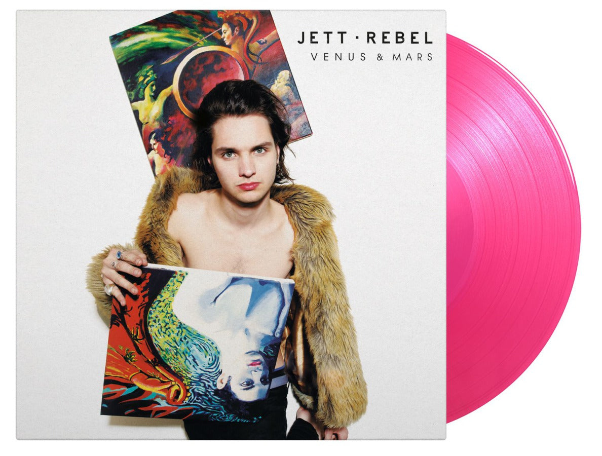 Jett Rebel album cover and pink vinyl record on white background.