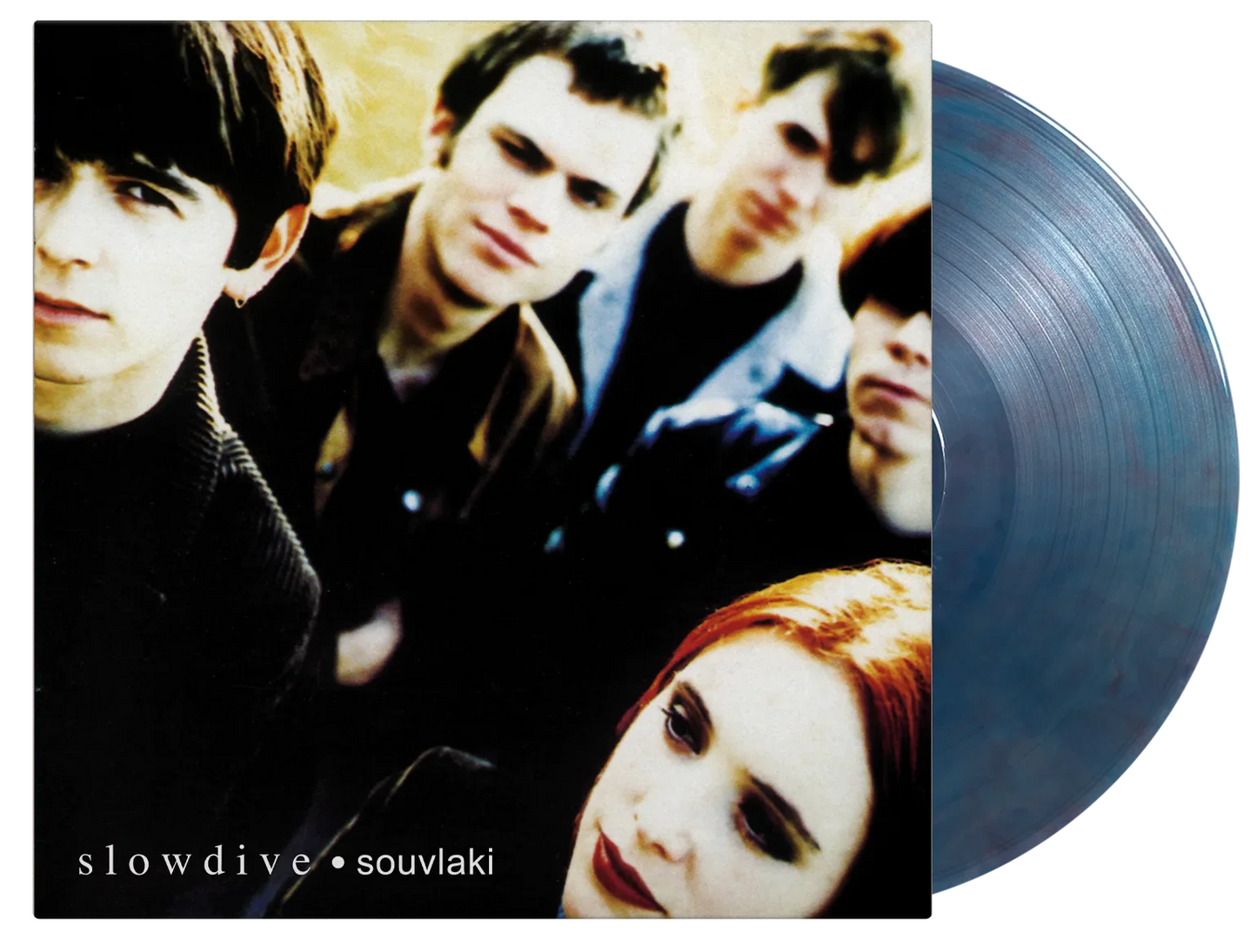 Slowdive Souvlaki album cover with a blue and red marbled vinyl record.