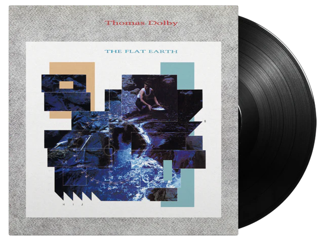 Thomas Dolby’s “Flat Earth” vinyl record with abstract, collage-style cover art.
