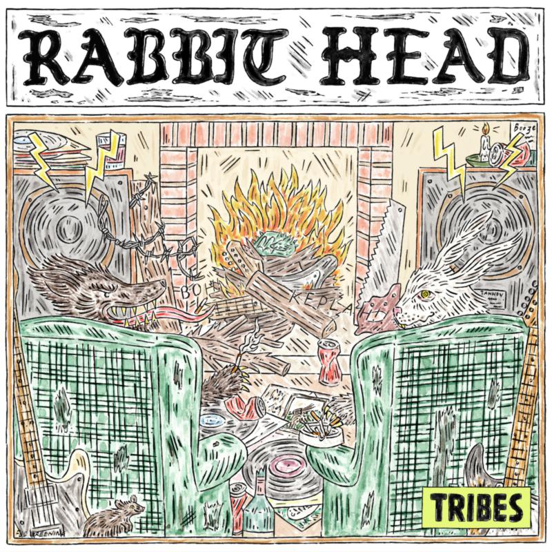 Hand-drawn album cover with a fiery rabbit head and chaotic room scene.