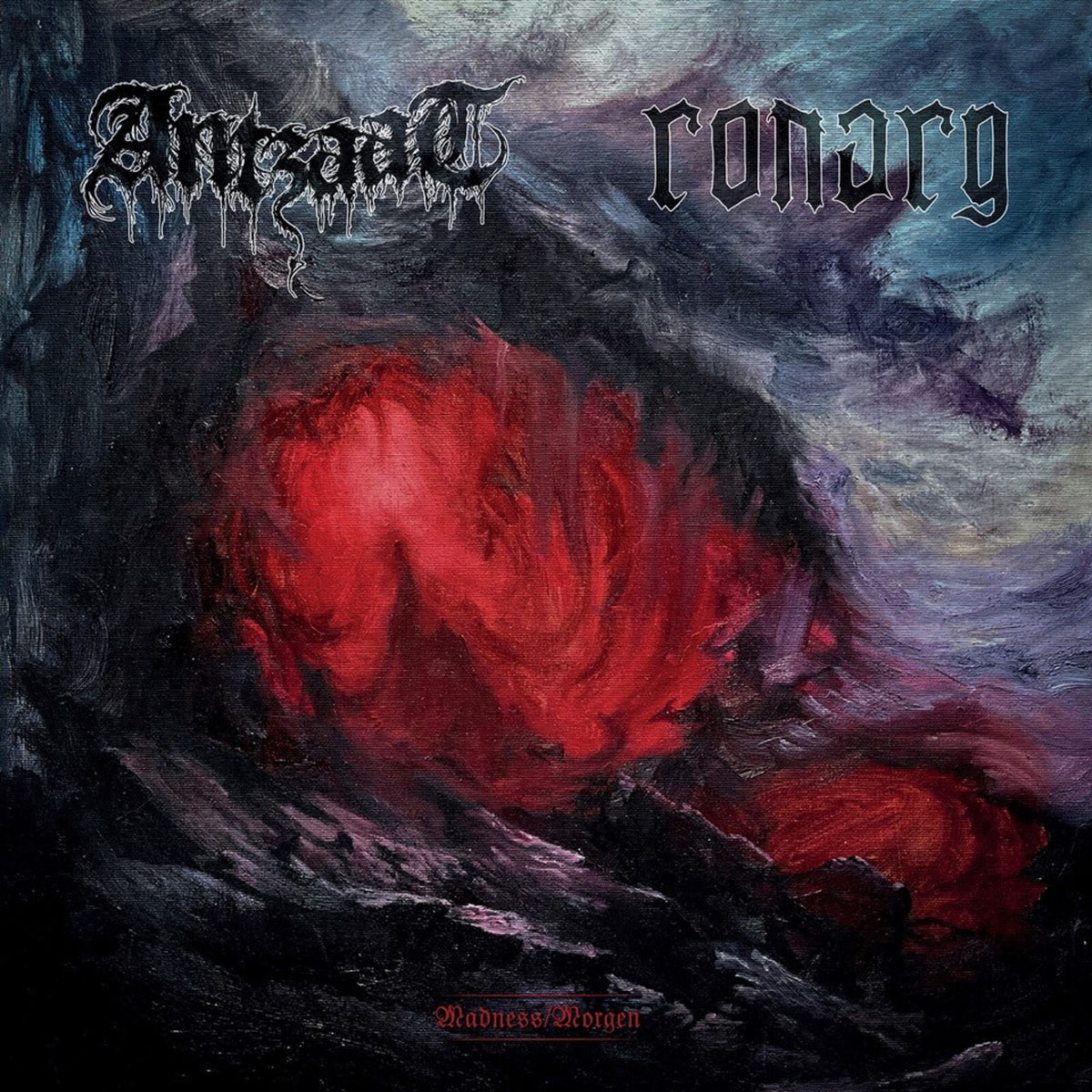 Dark, textured painting of a fiery, swirling form with band names above.