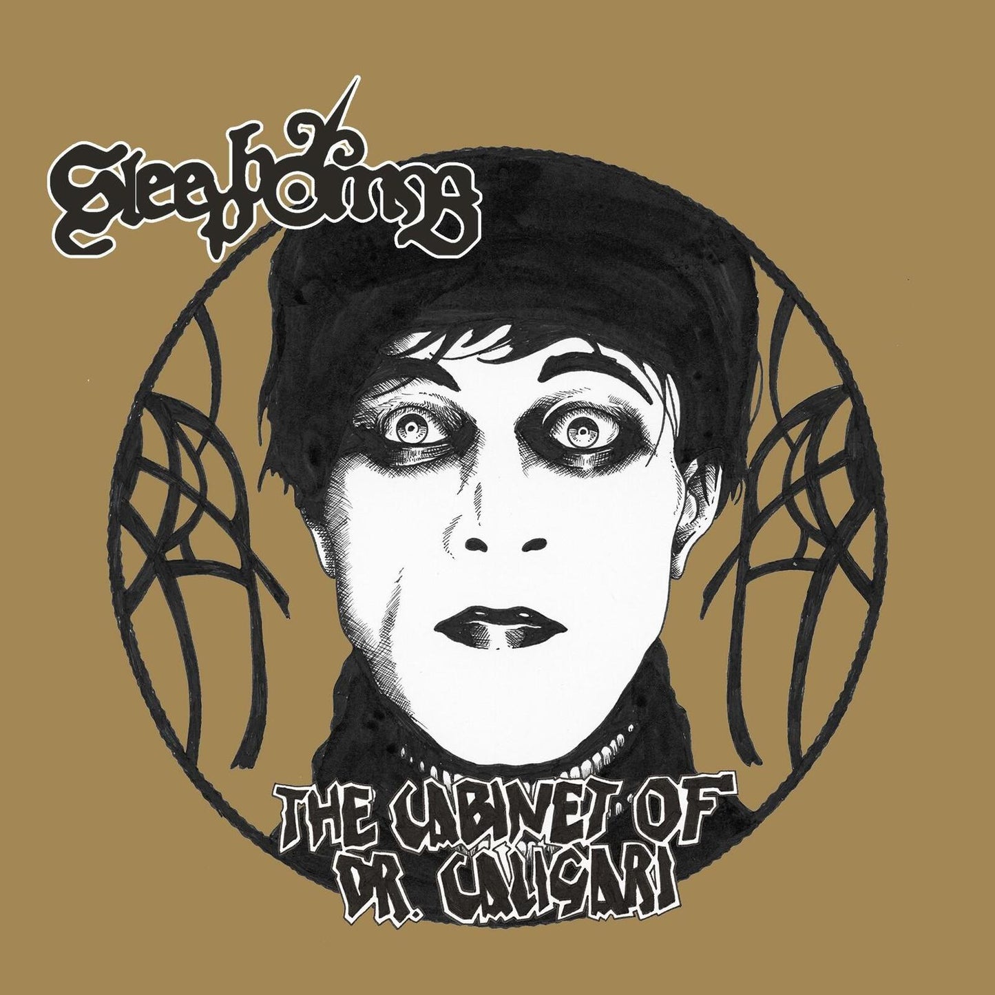 Black and white portrait of a woman with large eyes, album cover art.