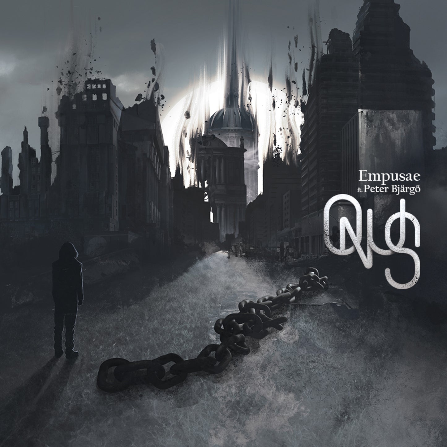 CD cover: desolate cityscape, hooded figure, and heavy chains in grayscale.
