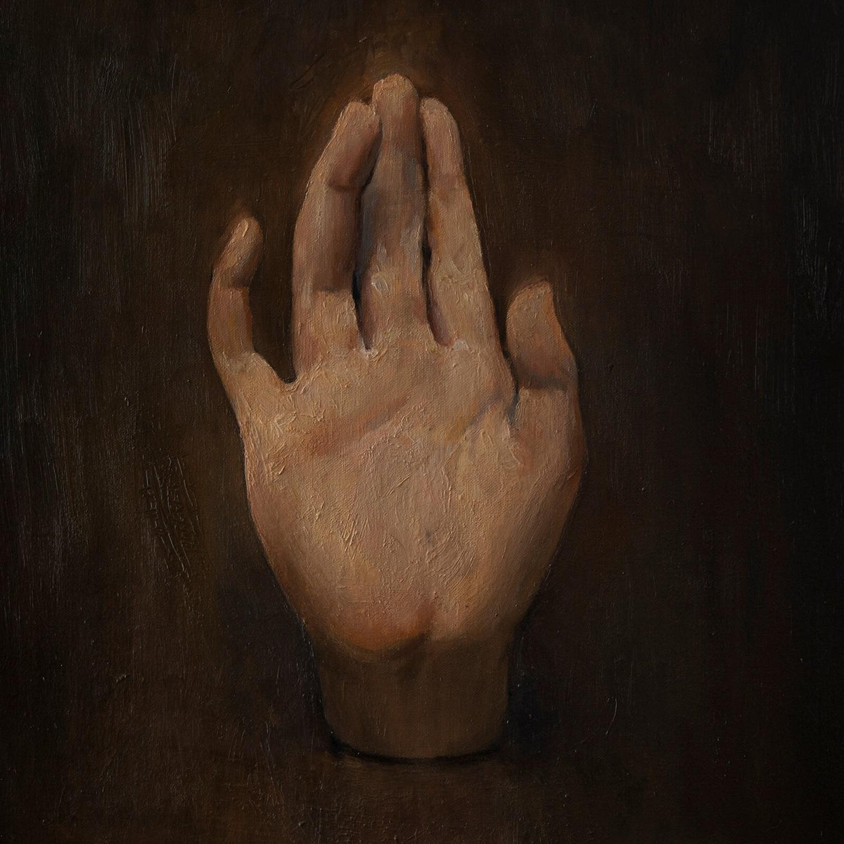 Painting of a raised, open human hand against a dark background.