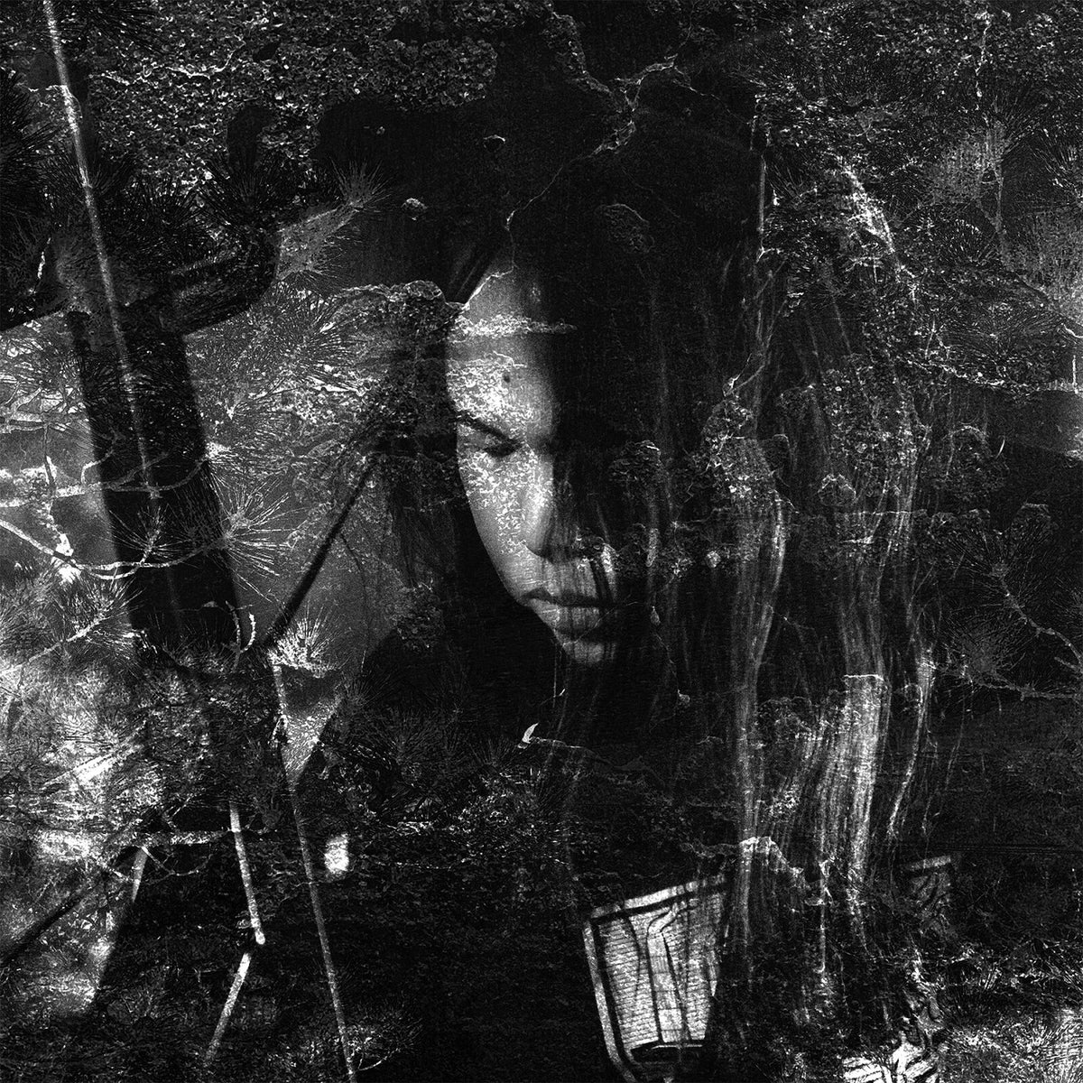 Black and white portrait of a person with textured, abstract overlay.