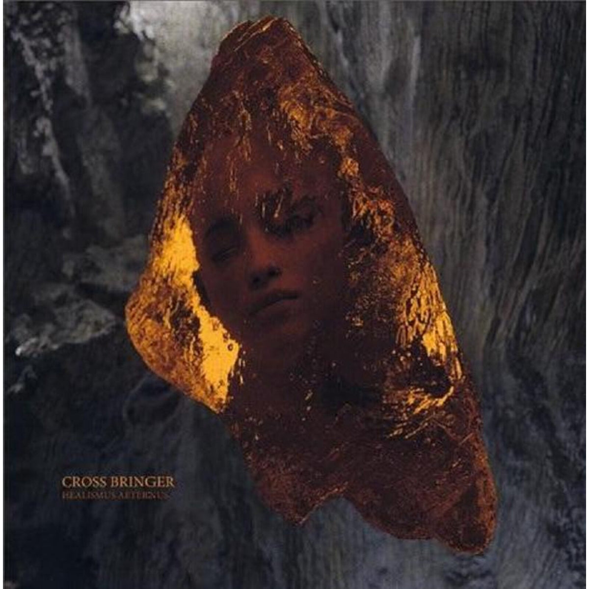 Dark album cover featuring a face partially obscured by golden, fractured material.