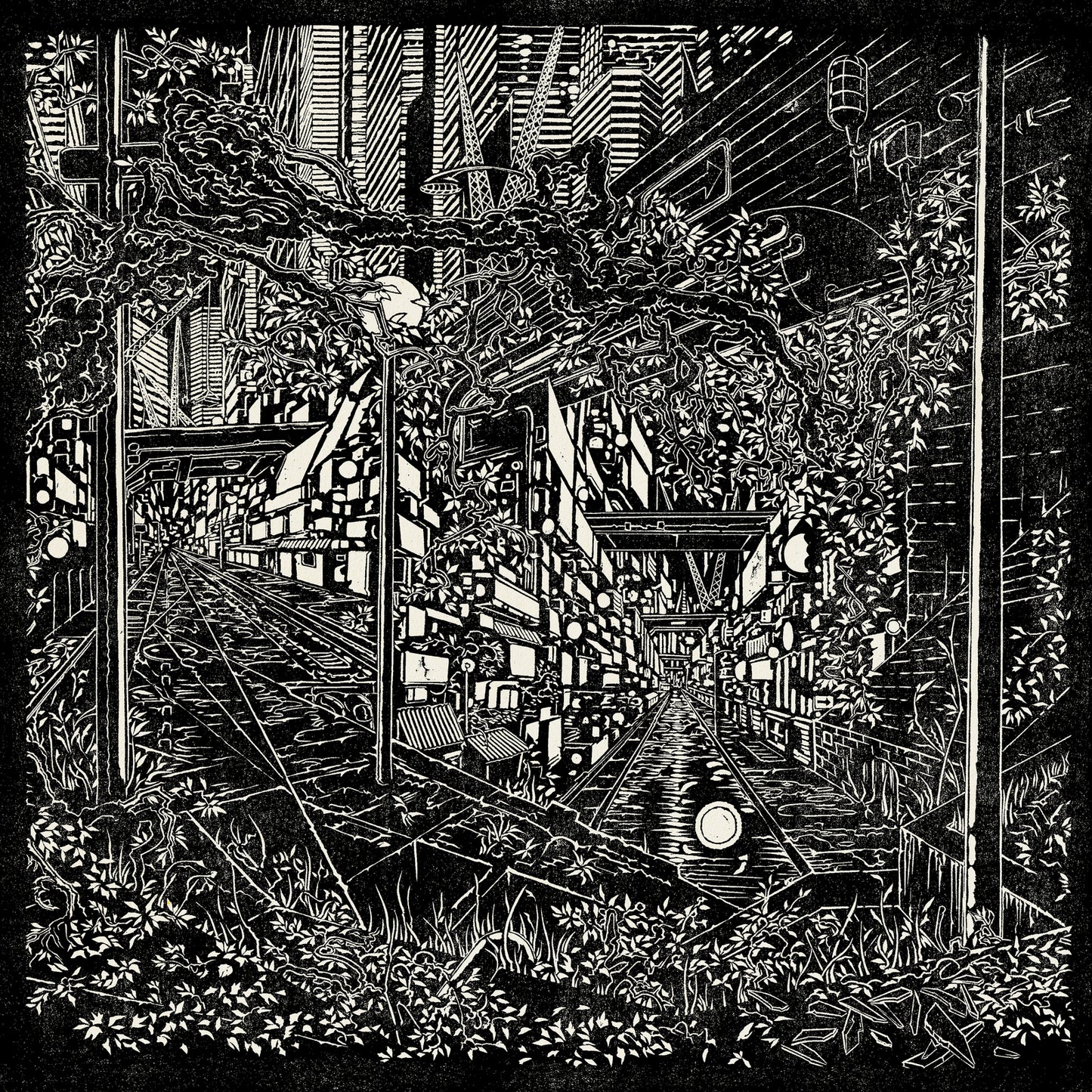 Black and white linework depicts a detailed, overgrown cityscape at night.