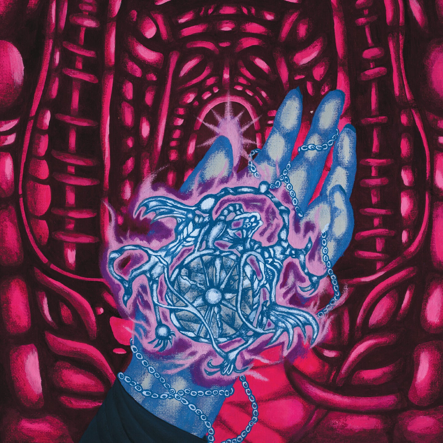Surreal album cover featuring a hand holding a mechanical insect.