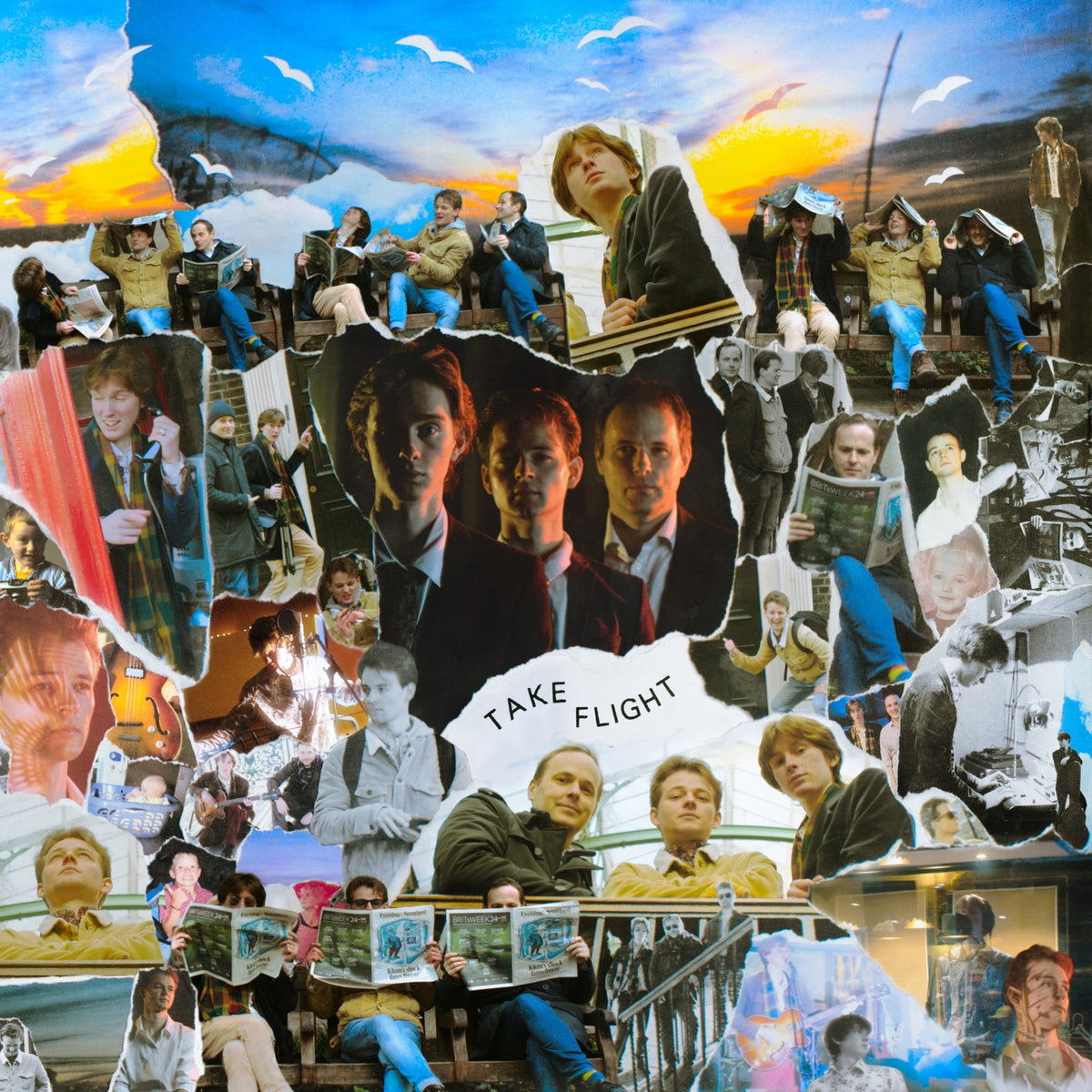Collage of portraits and candid photos with the album title "Take Flight".