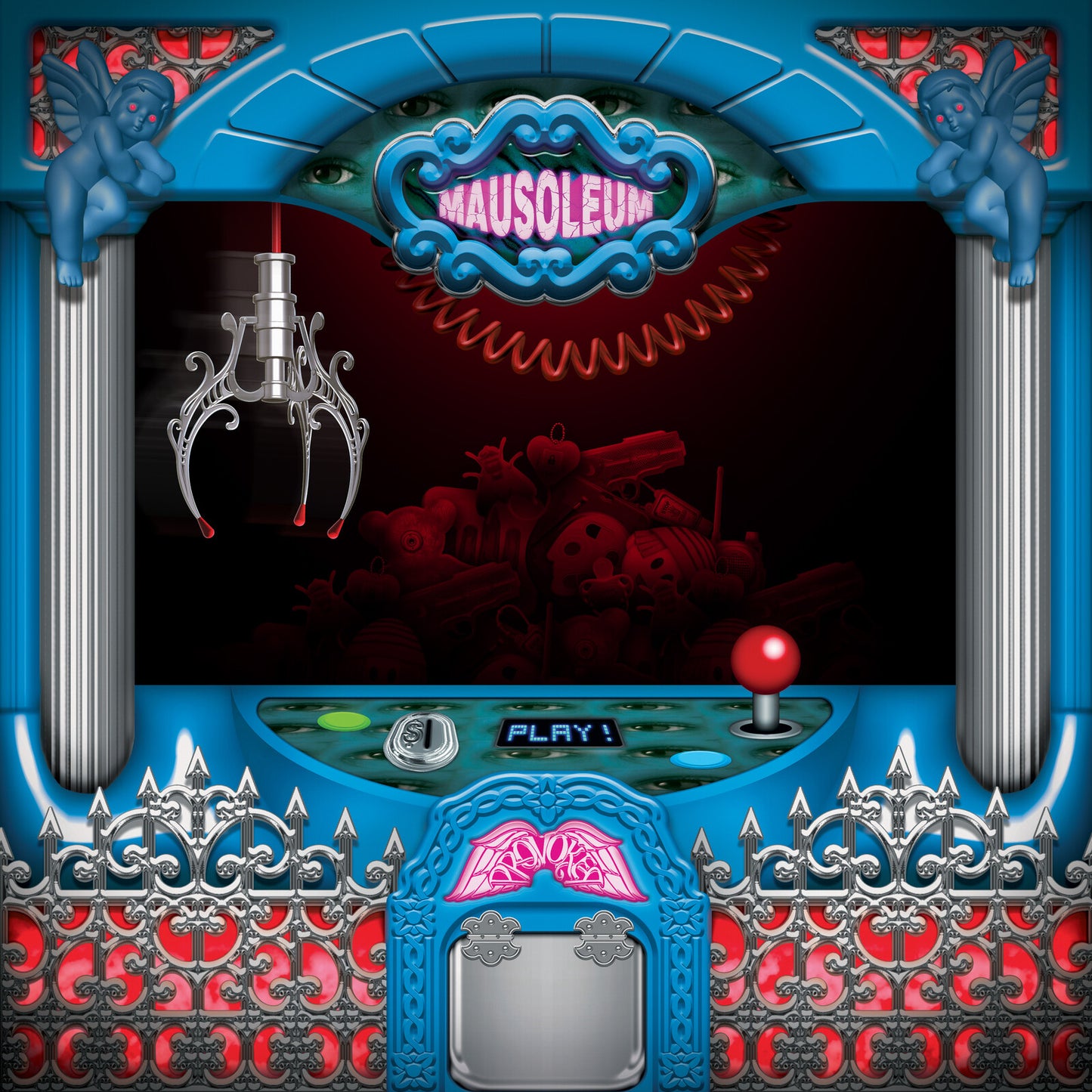 Blue vinyl record cover with a surreal, gothic pinball machine design.