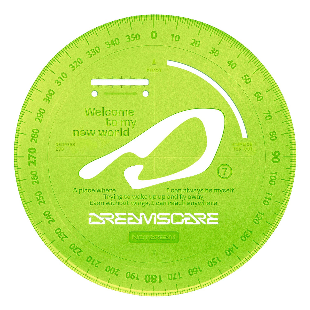 Lime green circular design with text and a compass-like border.
