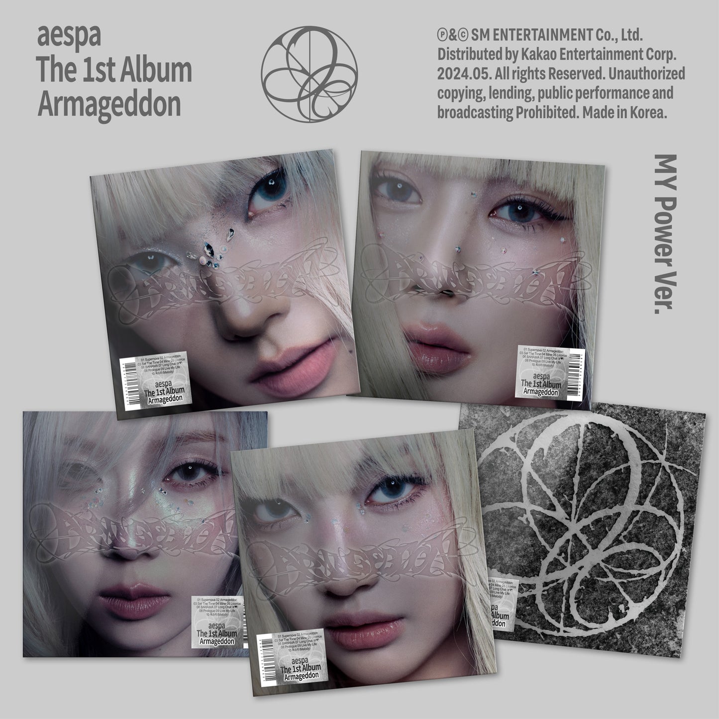 Aespa “Armageddon” album cover with close-up portraits and abstract designs.