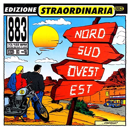 CD cover for 883’s “Nord Sud Ovest Est” featuring directional signs and a motorcycle.