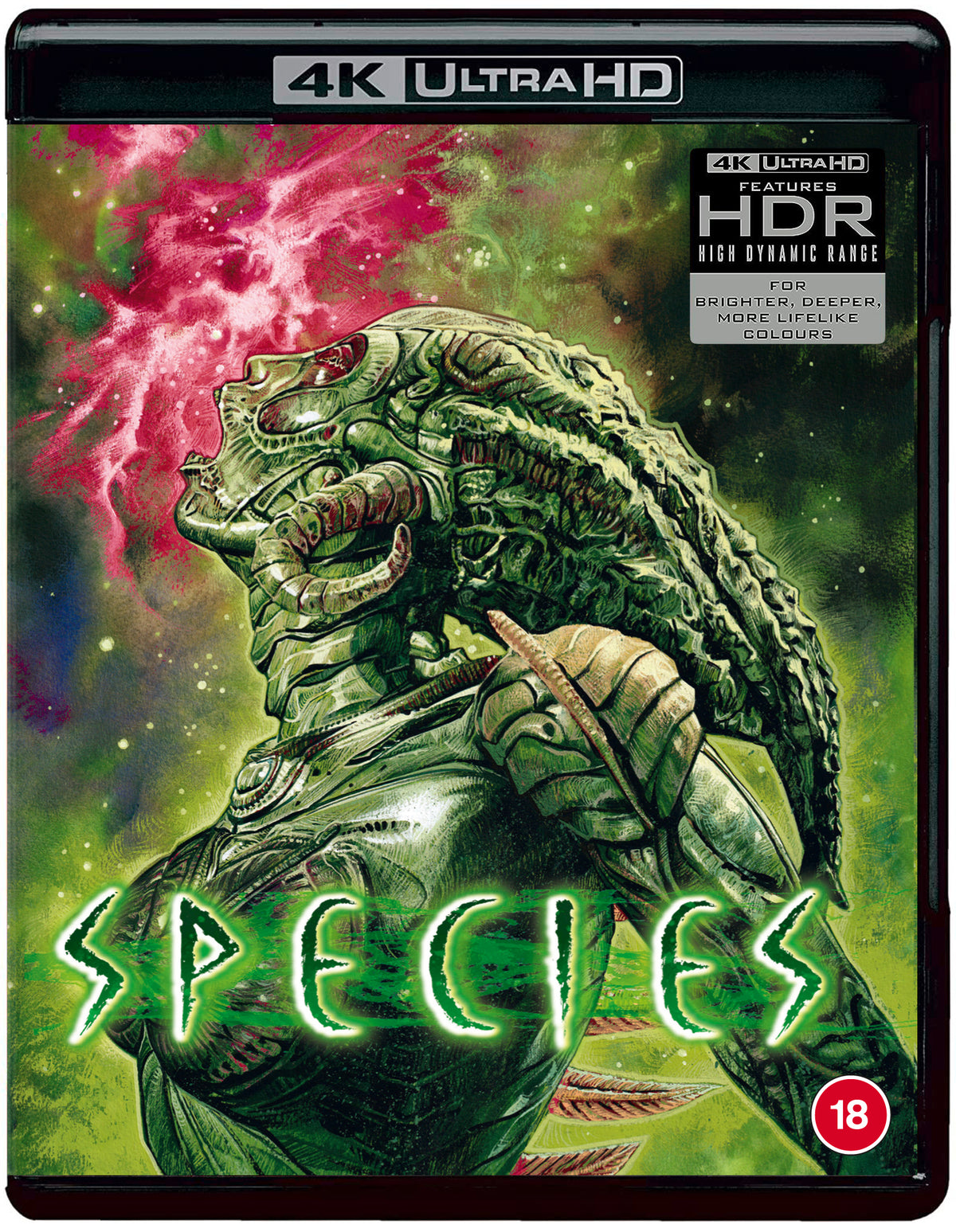 Species" 4K UHD Blu-ray cover featuring a green alien creature illustration.