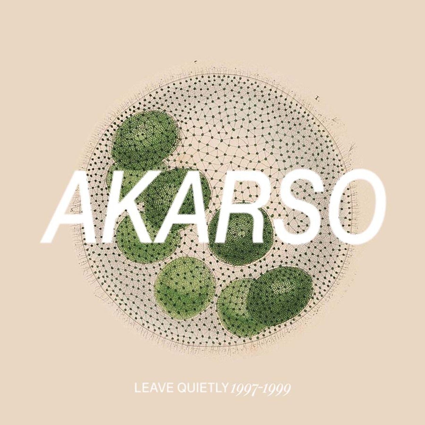 Album cover for Akarso’s “Leave Quietly 1997-1999” with green orbs and text.
