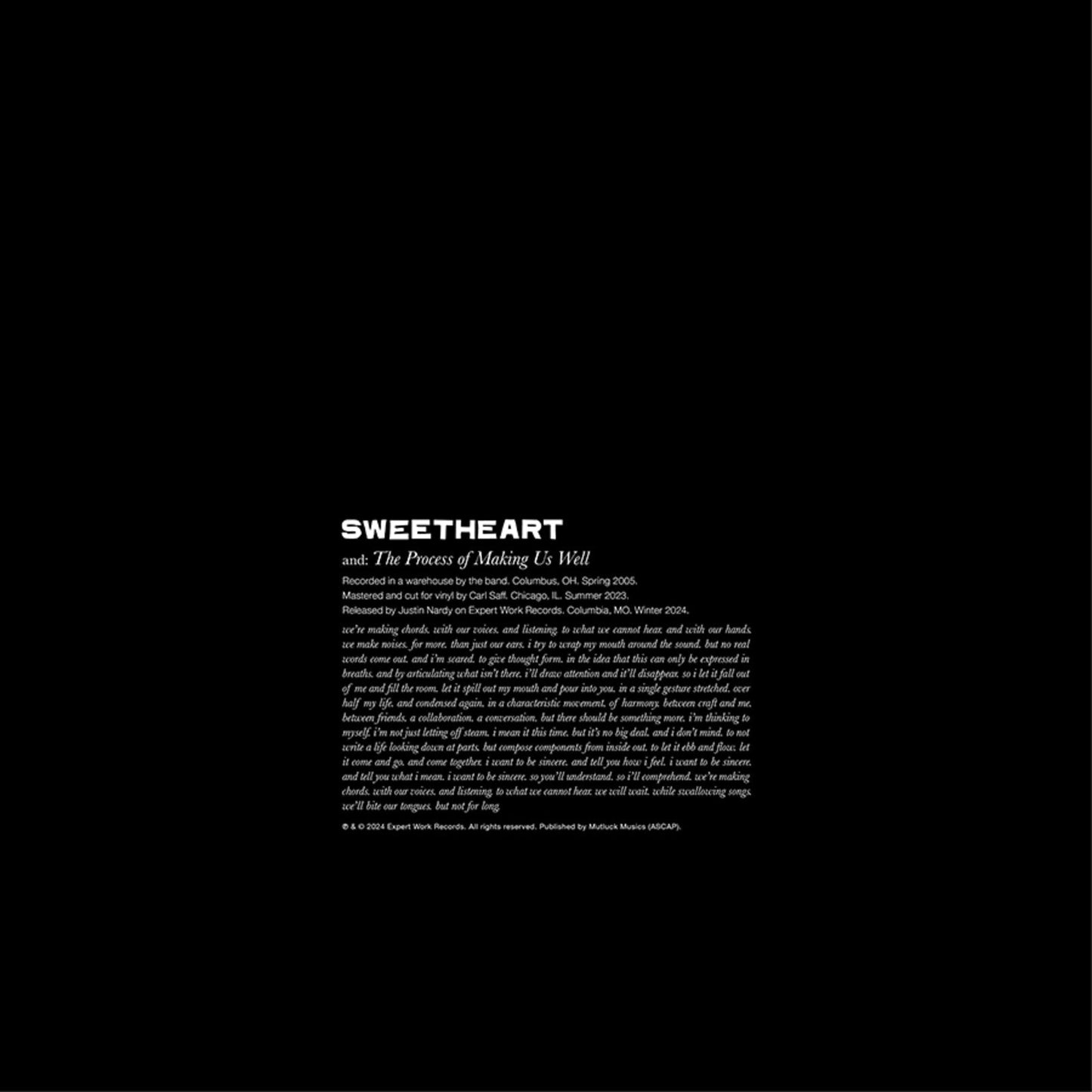 Black vinyl record with white text: "Sweetheart - The Process Of Making Us Well.