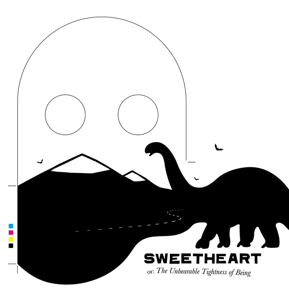 Black and white album cover with a dinosaur and mountain silhouette.