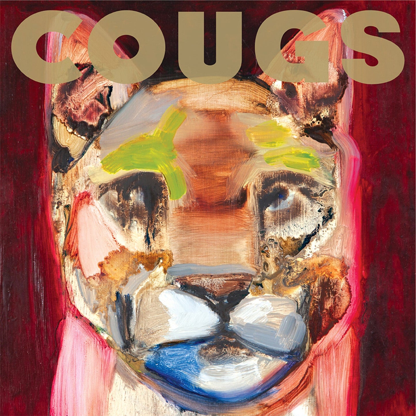 Painted portrait of a cougar’s face with abstract colorful brushstrokes.
