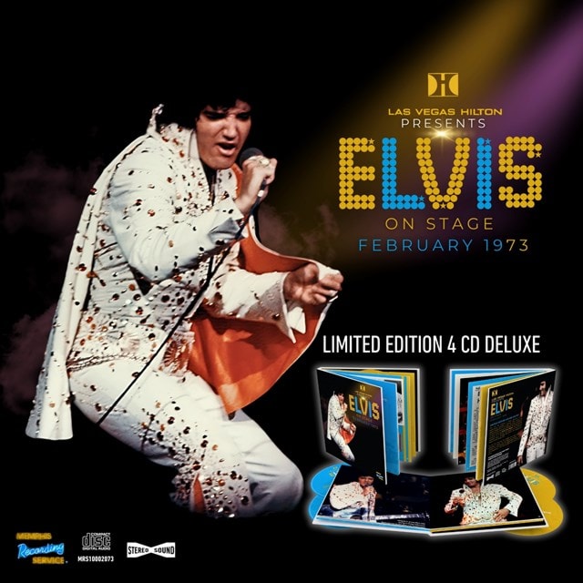 Elvis Presley in a white jumpsuit performing, with a 4CD book set shown.