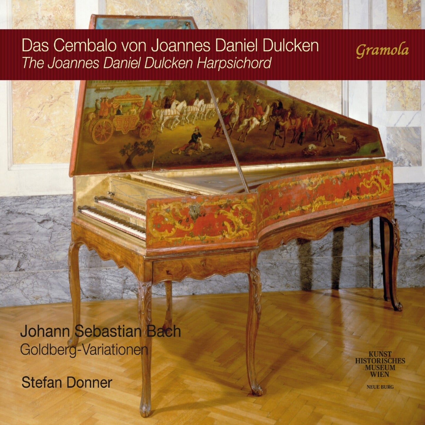 Ornate harpsichord with painted lid, album cover for Stefan Donner’s recording.