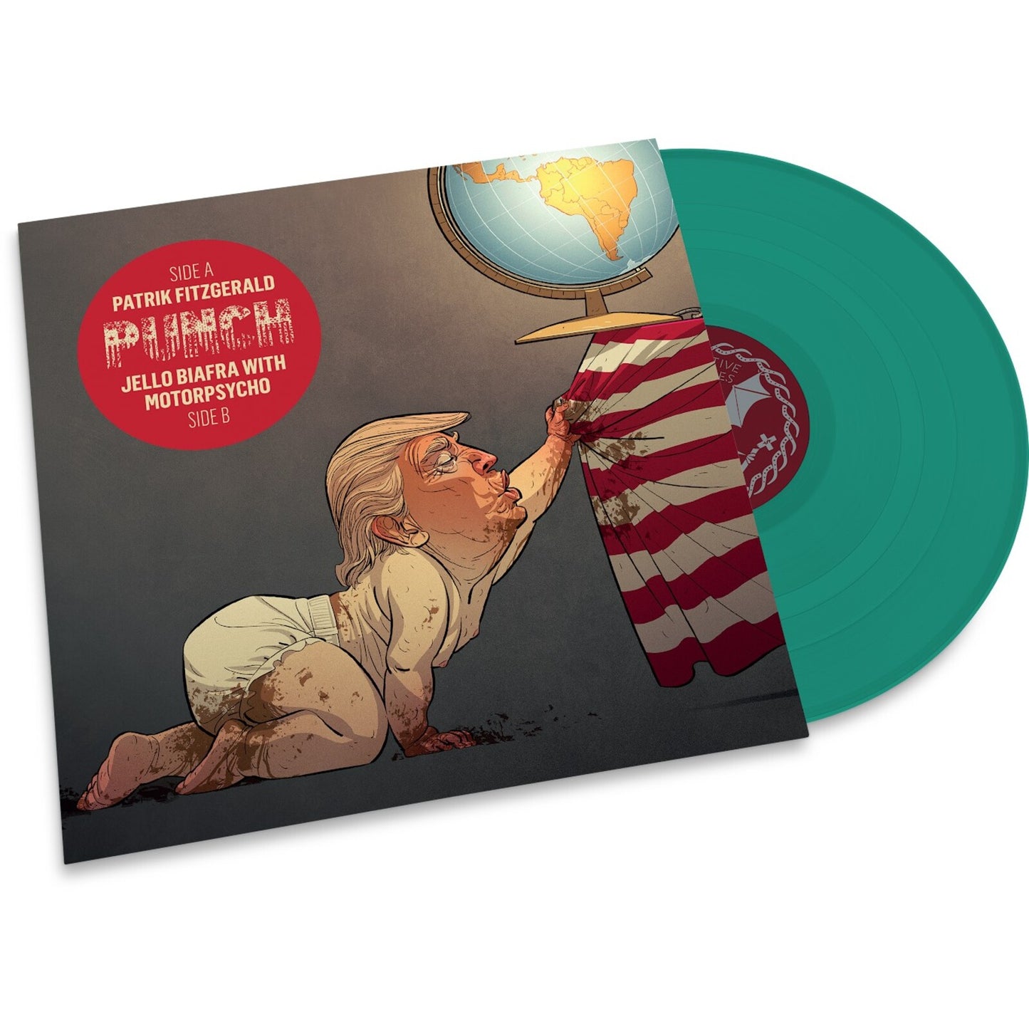Green vinyl record with cover art depicting a distressed figure and map.