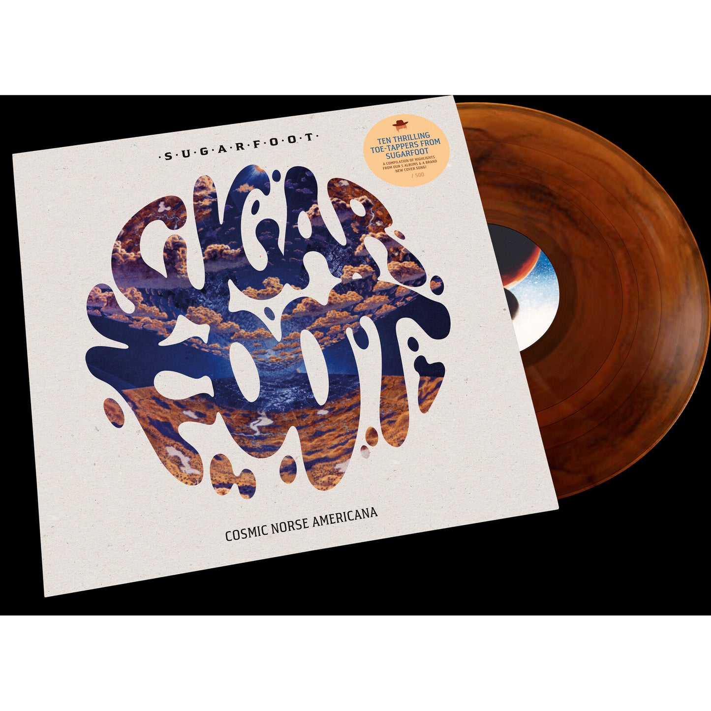 Vinyl record with swirling purple and orange design, titled "Sugarfoot.