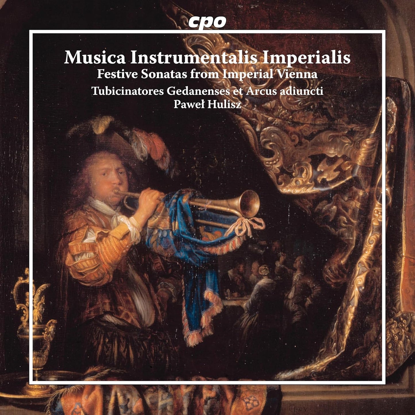 CD cover depicting a man playing a brass instrument in a baroque setting.